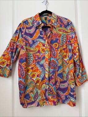 Lauren Ralph Lauren Orange Purple Cotton Paisley Button-Up Blouse 3/4 sleeves 1X
